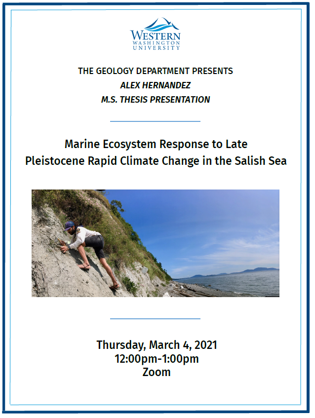 Flyer depicting Alex perched on the side of a steep rock wall near the beach to collect specimen