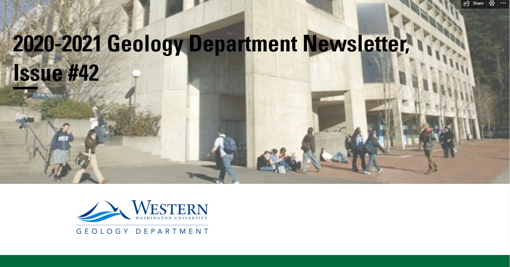 Front cover of newsletter featuring the multi-story environmental sciences building, with students passing by and sitting against building