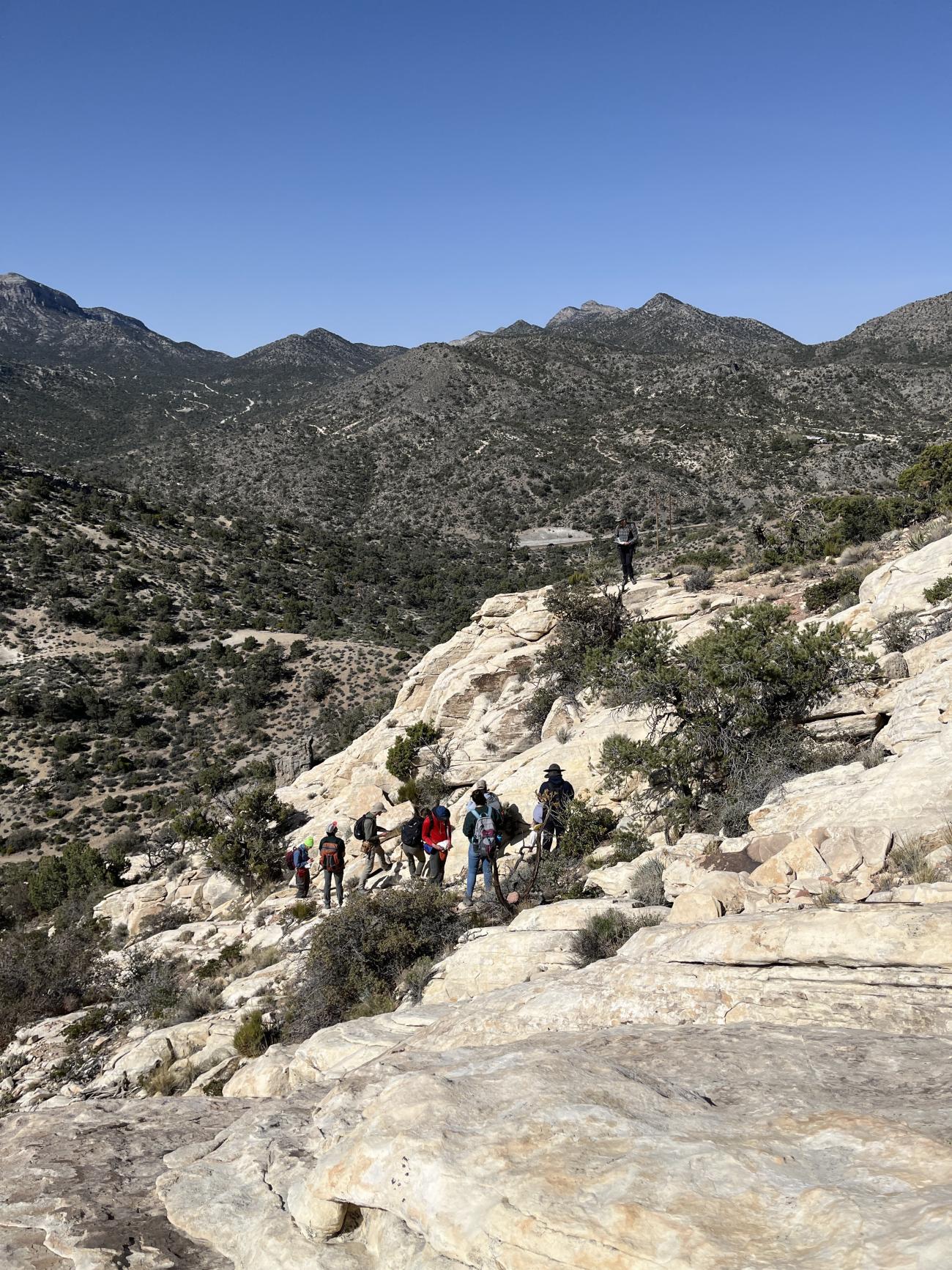 Students hike down a trail with mountain range in background